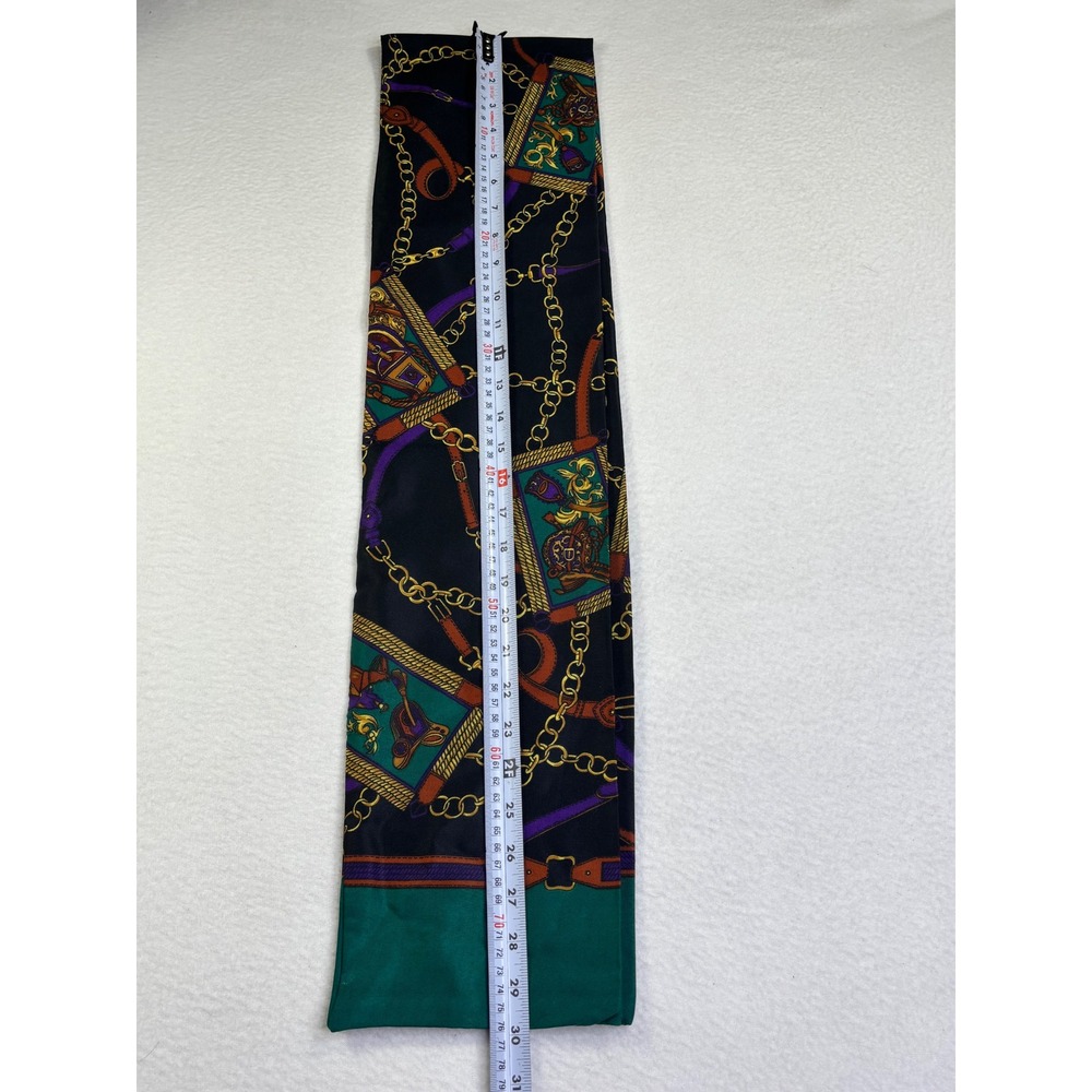Vintage Equestrian Chain Belt Print Oblong Scarf Black Green Gold Purple 60 Inch - Picture 3 of 4